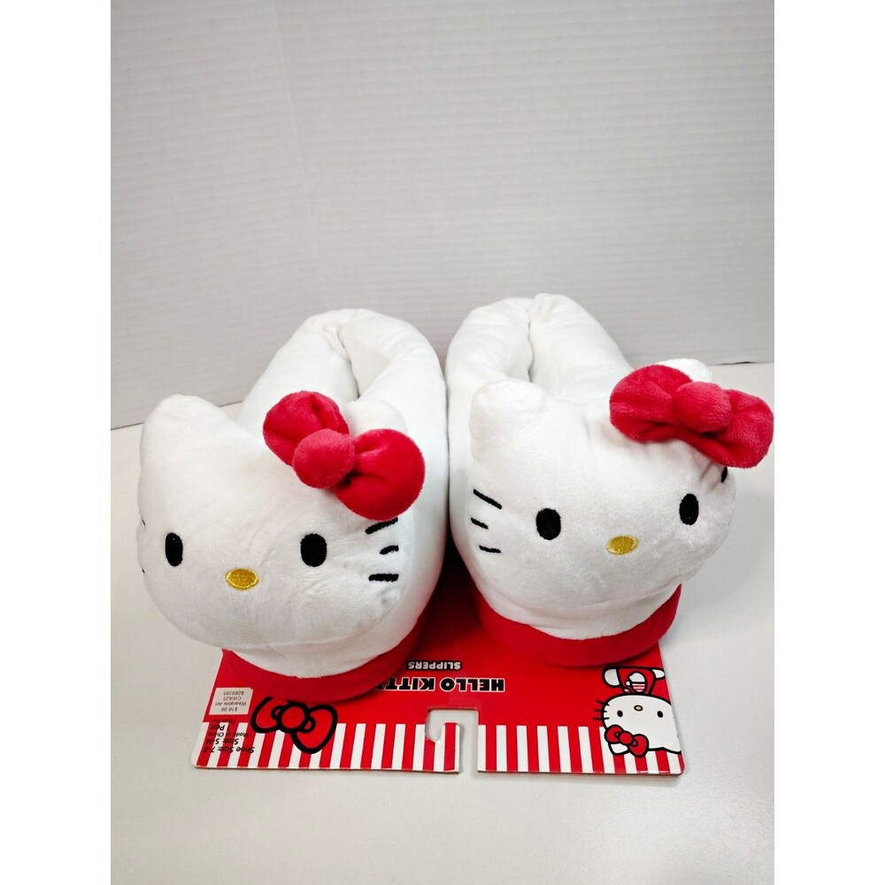 Sanrio Hello Kitty Faux Fur Slip-On Slippers White/Red Bow Non-Slip US 7-8. S-m